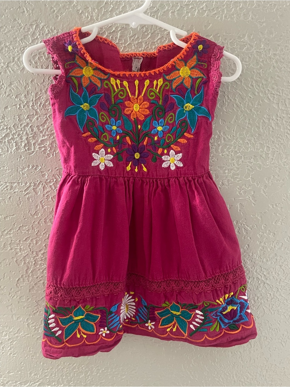 Festive Traditional Mexican Girls Pink Embroidered Floral Dress Size 18-24 month